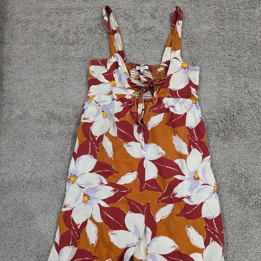 Madewell Tie-Front Cover-Up Jumpsuit Orange tropical flower print size Small - Picture 2 of 10